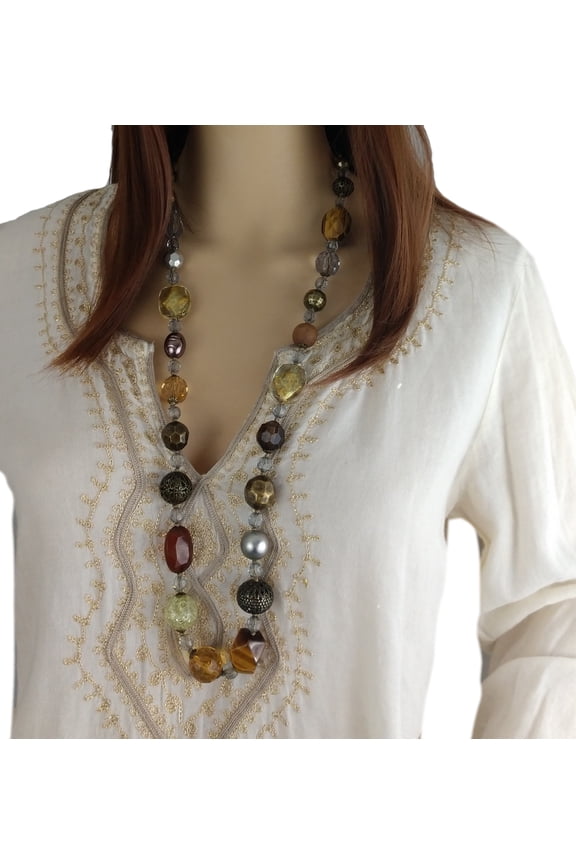 Long Textured Tiger Eye Topaz Color Glass Beaded Necklace Adjustable Womens Adult