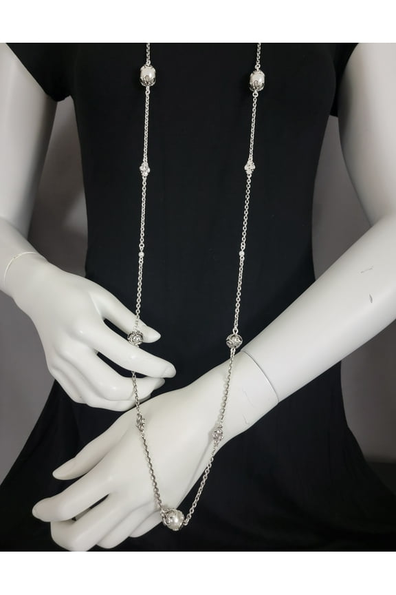 Long Thin Antiqued Silver Tone Chain Faux Pearl Beaded Station Necklace 44"