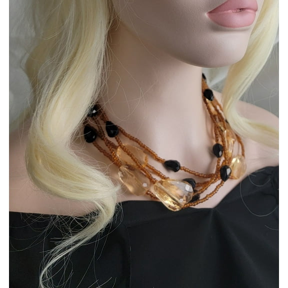 Premier Designs Multi Strand Layered Black Topaz Color Chunky Faux Crystal Beaded Necklace Adjustable