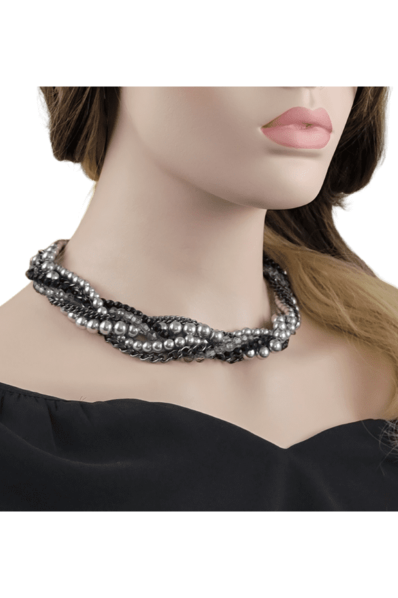 Six Strand Black Chain Gray Faux Pearl Twisted Necklace NWOT