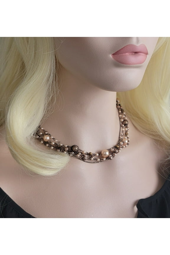 Thin Multi Strand Copper Tone Chain Pink Faux Pearl Beaded Choker Collar Necklace Adjustable 16-20"