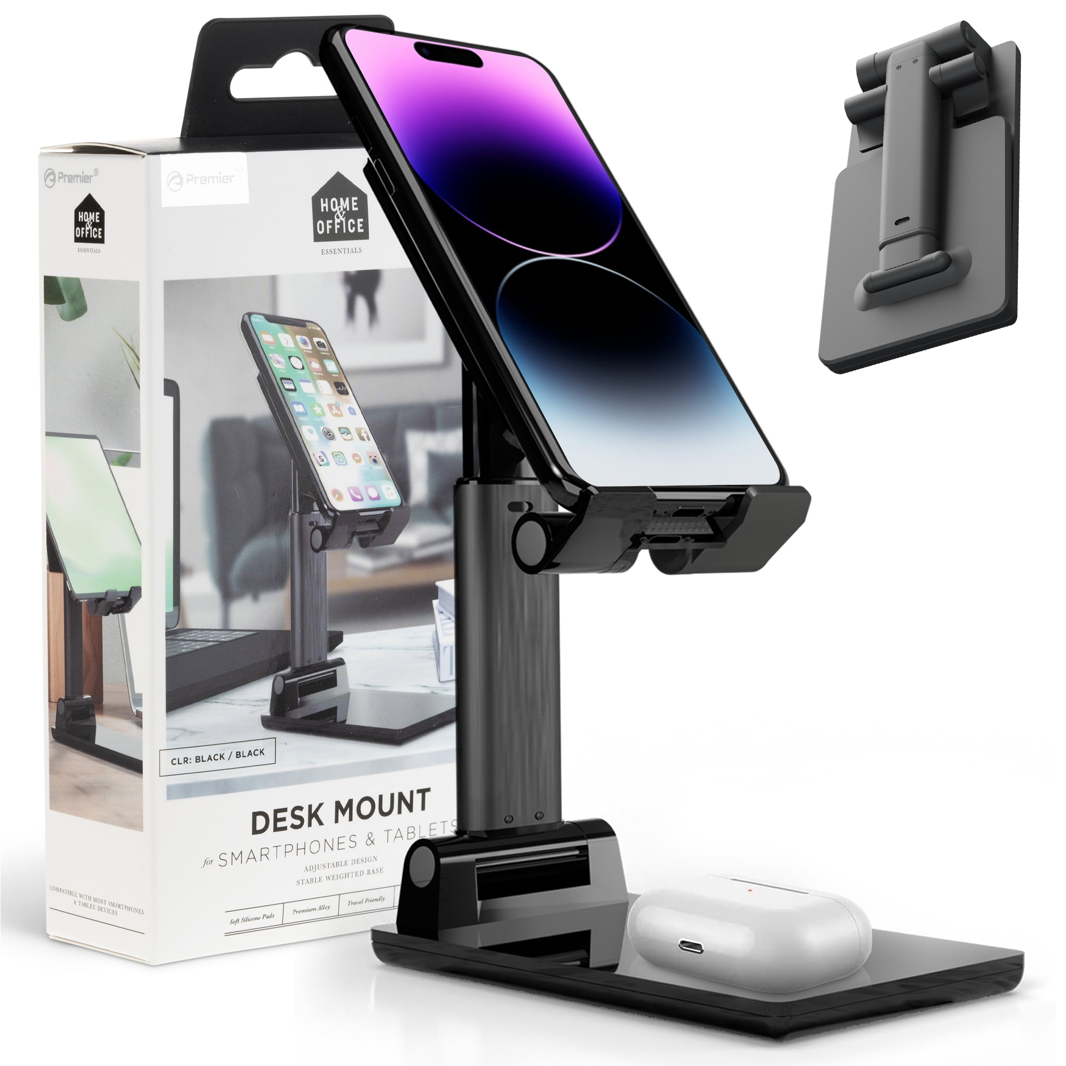 Premier Desktop Tablet and Mobile Phone Stand, Portable, Easy to Adjust, Foldable, Black, Size: 6.7 inch x 5 inch x 1.25 inch