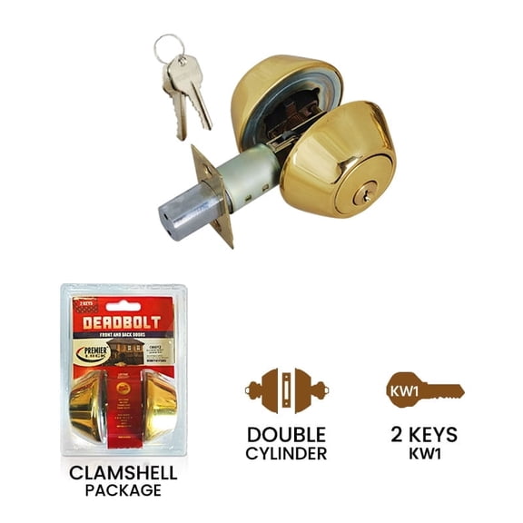 Premier Lock Double Cylinder Deadbolt, Brass, 2 KW1 Keys-Carded