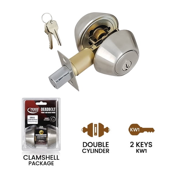 Premier Lock Double Cylinder Deadbolt, Stainless Steel, 2 KW1 Keys-Carded