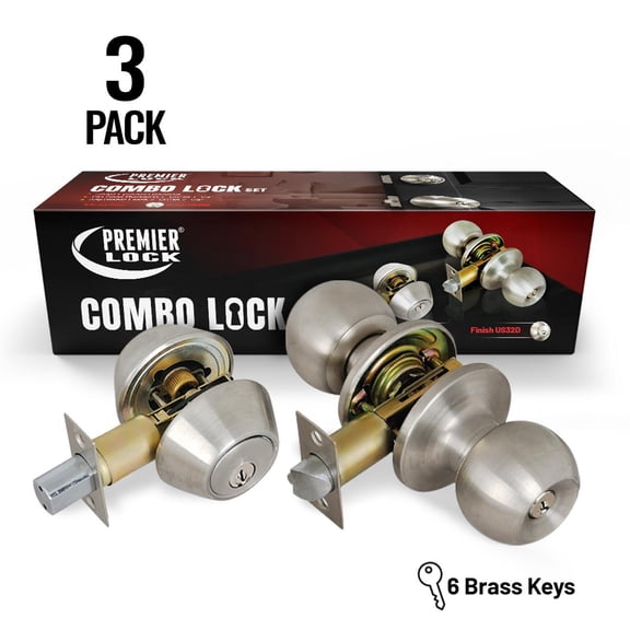 Premier Lock Stainless Steel Double-Cylinder Entry Door Knob Combo Lock Set with Deadbolt 3-Pack with 18 keys (Keyed Alike)