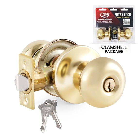 Premier Lock Polished Brass Flat Ball Entry Knob with two keys