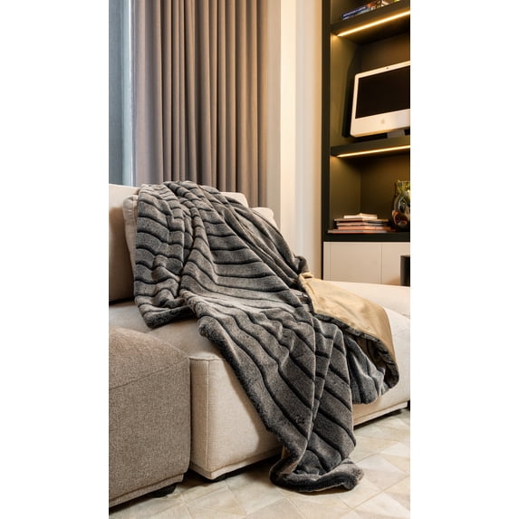 Premier Luxury Gray Stripe Faux Fur Throw Blanket