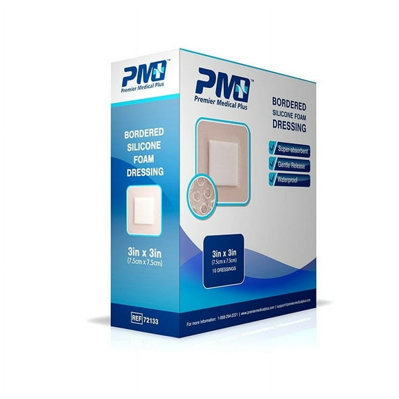 Premier Medical Plus Bordered Silicone Foam Disposable Adhesive Bandage, 3" x 3", 10 Count