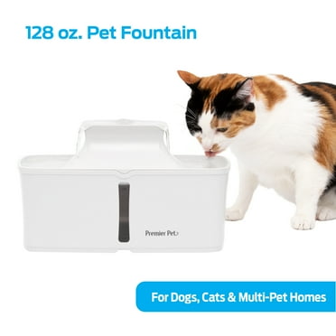 Premier Pet 128 oz. Pet Fountain, Automatic for Dogs, Cat, & Multi Pets, Filters Included, White