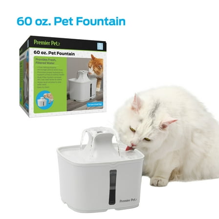 Premier Pet 60 oz. Pet Fountain, Automatic for Cats, Filters Included, White