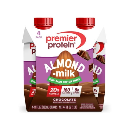 Premier Protein Almondmilk Non-Dairy Protein Shake, 20g Protein, 5g Sugar, 11 Fl oz, Chocolate, 4 Count