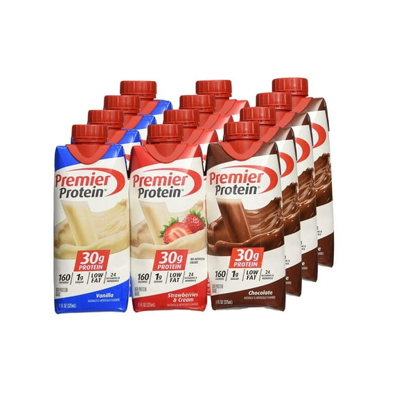 Premier Protein High Protein 11 oz Shake 4 Vanilla, 4 Chocolate and 4 Strawberries N' Cream Variety Pack (12 Total)