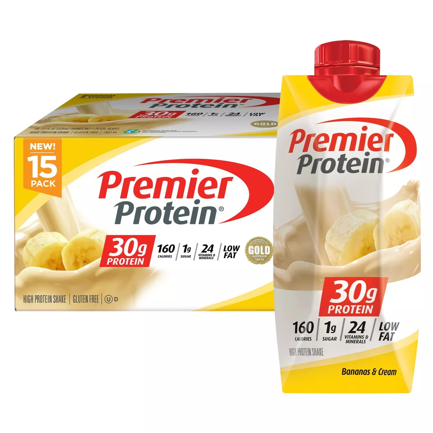 Premier Protein High Protein Shake, Bananas & Cream, 11 Fluid Ounce (15 Pack)