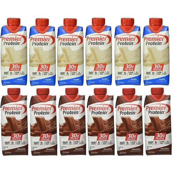 Premier Protein High Protein Shakes Variety Pack 6 Chocolate and 6 Vanilla Shakes 11oz Pack of 12