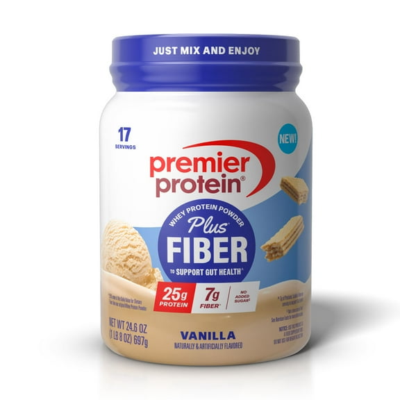 Premier Protein Powder Plus Fiber, 25g Protein, 7g Fiber, Vanilla, No Added Sugar, 17 Servings