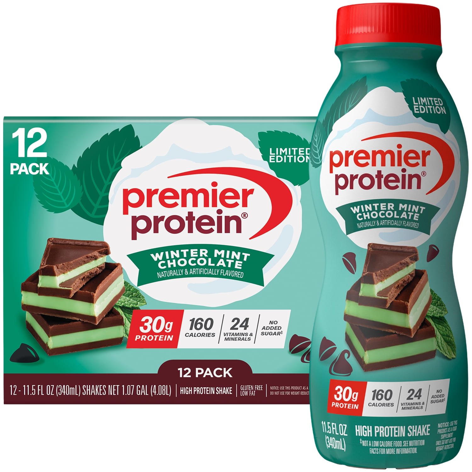 Premier Protein Shake, Winter Mint Chocolate, 30g Protein, Bottles, 12 Ct