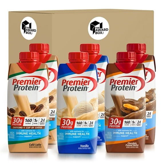 Premier Protein Shakes Chocolate Peanut Butter, Vanilla, Caffe Latte 11 Fl oz- Pack of 6