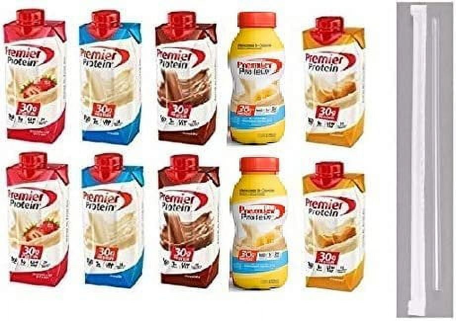 Premier Protein Shakes Drinks - Low Carb High Protein Shakes Variety 10 Pack 30g 2 of Each Flavor - Chocolate, Strawberry, Vanilla, Banana & Caramel Bonus of 10 Individually Wrapped Straws