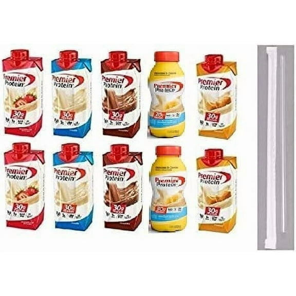 Premier Protein Shakes Drinks - Low Carb High Protein Shakes Variety 10 Pack 30g 2 of Each Flavor - Chocolate, Strawberry, Vanilla, Banana & Caramel Bonus of 10 Individually Wrapped Straws