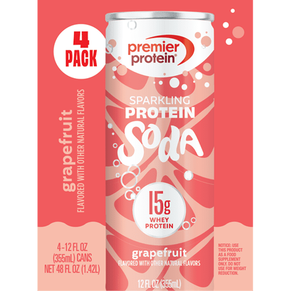 Premier Protein, Sparkling Protein Soda, 15g Protein, Grapefruit, 12 Fl Oz, 4 Ct