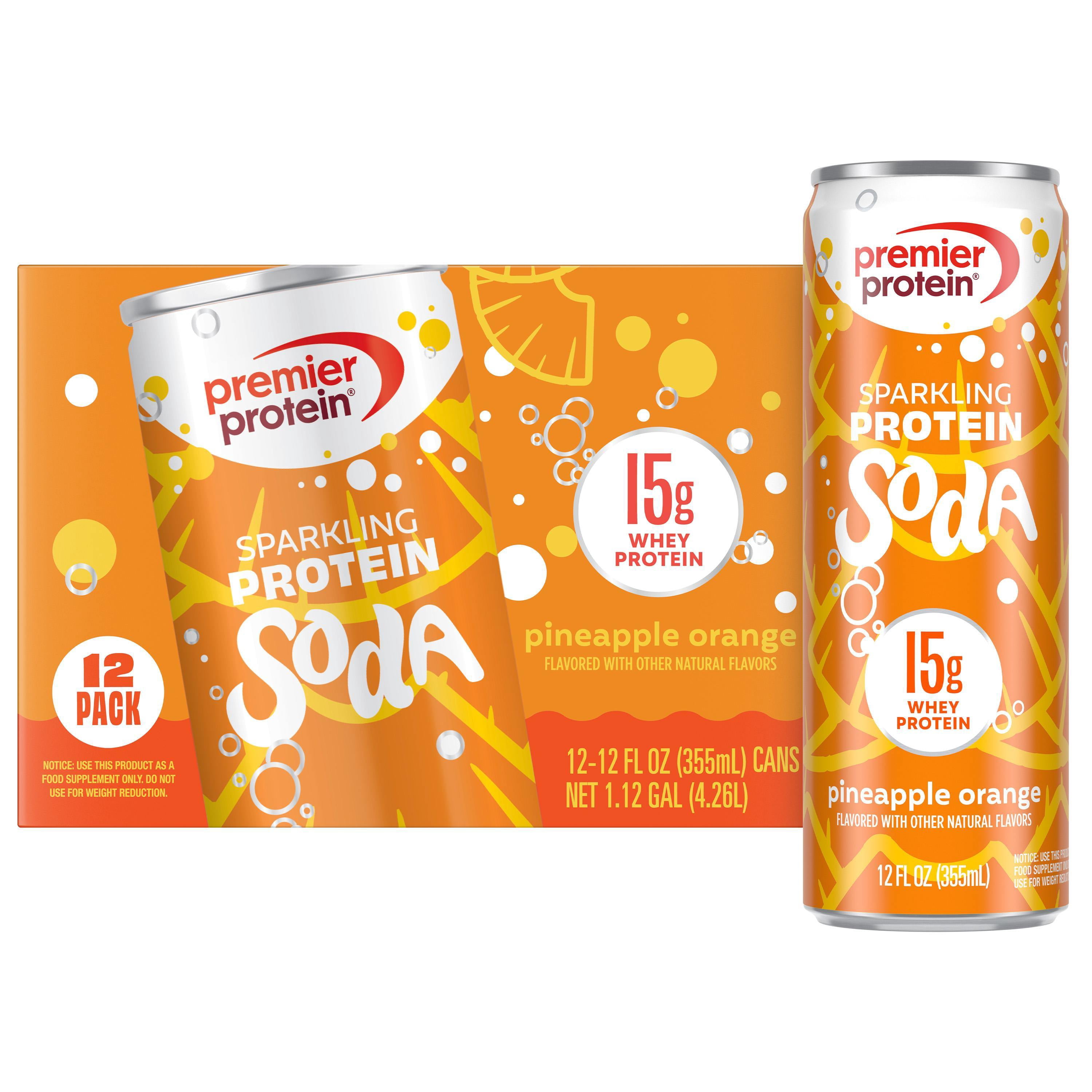 Premier Protein, Sparkling Protein Soda, 15g Protein, Pineapple Orange, 12 Fl Oz, 12 Ct