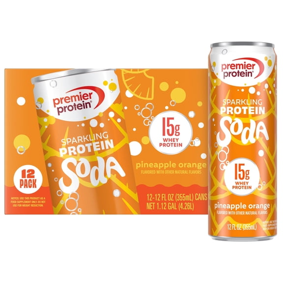 Premier Protein, Sparkling Protein Soda, 15g Protein, Pineapple Orange, 12 Fl Oz, 12 Ct