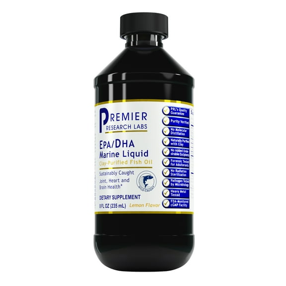 Premier Research Labs EPA/DHA Marine Liquid - Fish Oil Concentrate - Cold Filtration Process - Suitable for Adults & Children - Healthy Heart, Joint & Brain Supplement - 8 Fl oz - Organic Lemon