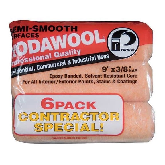 Premier 9" Paint Roller Cover, 3/8" Nap, Polyester/Knitted Wool, 6 PK 6KW38