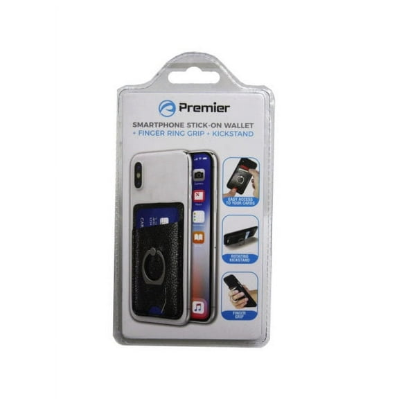 Premier Smartphone Stick on Wallet + Finger Ring Grip + Kickstand - Black