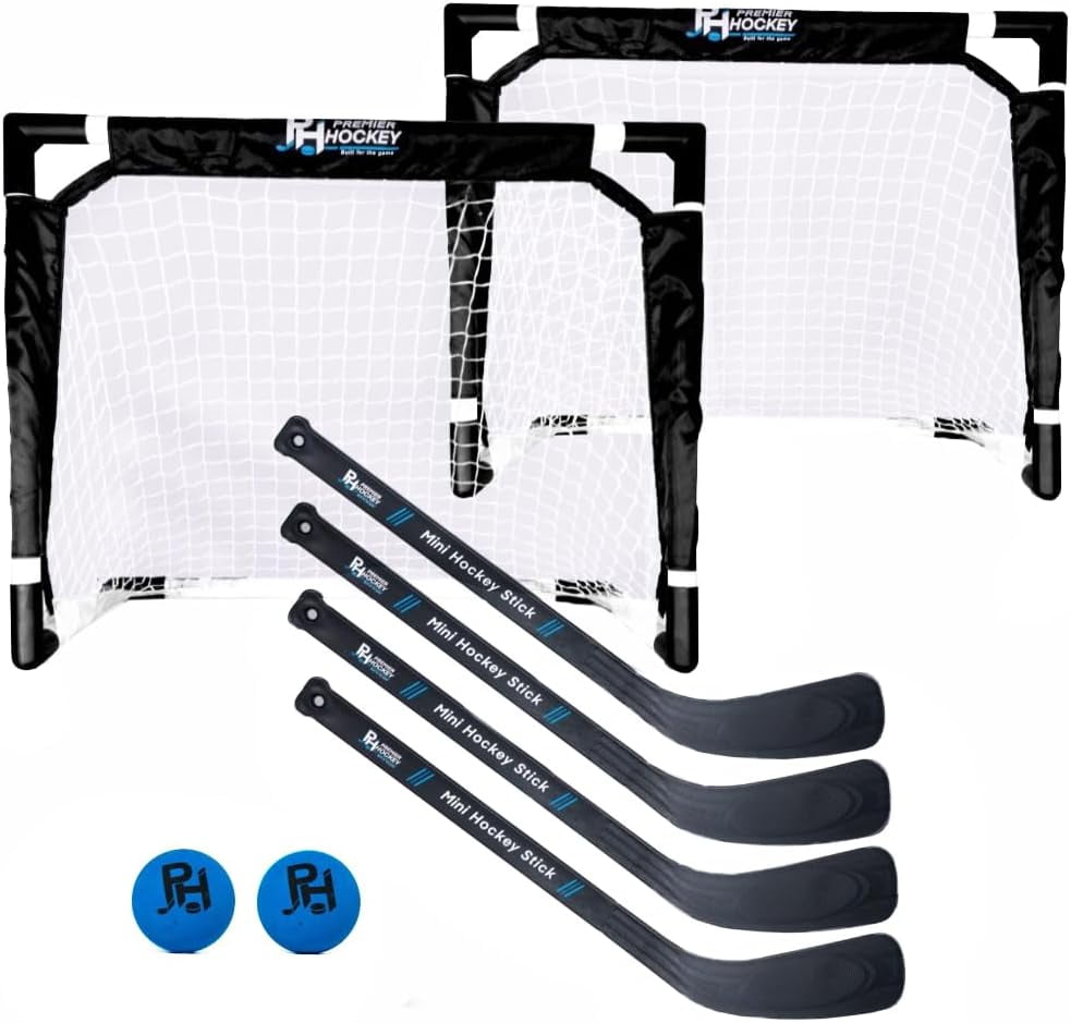 Premier Sports - Mini Hockey Set  Complete 4-Player Indoor Kit with (2) Mini Goals, (4) Mini Sticks, and (2) Mini Foam Balls