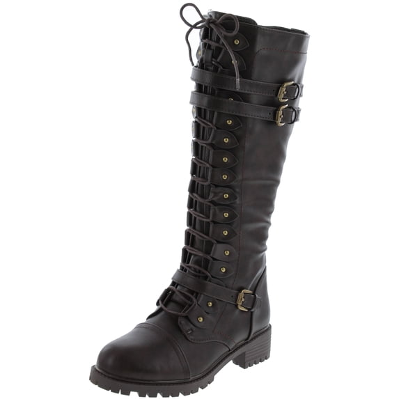 Premier Standard - Women's Lace-Up Strappy Knee High Combat Stacked Heel Boot
