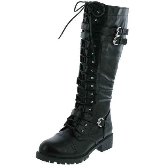 Premier Standard - Women's Lace-Up Strappy Knee High Combat Stacked Heel Boot