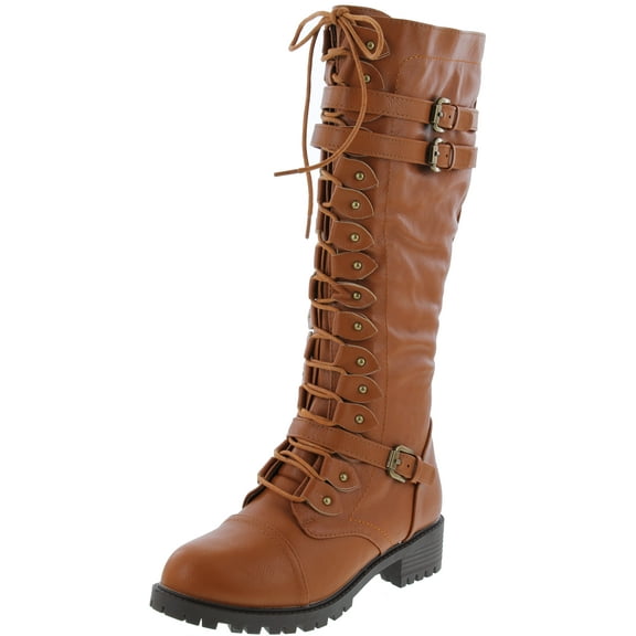 Premier Standard - Women's Lace-Up Strappy Knee High Combat Stacked Heel Boot