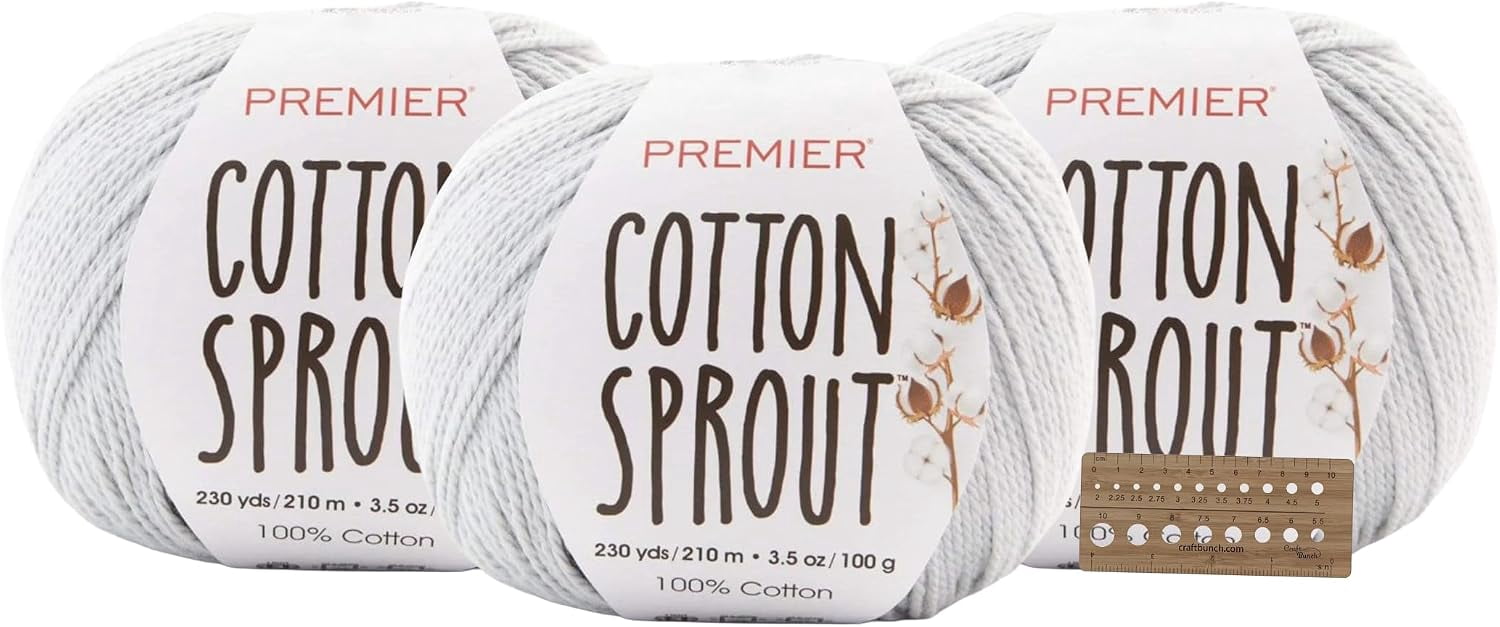 Crocheted Sprout Premier Yarns Cotton Sprout DK Light 3-Pack with Gauge Tool, 100% Un ...
