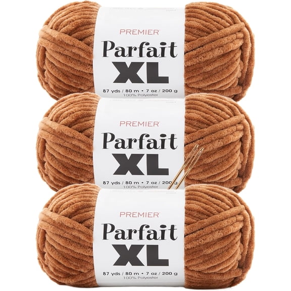 Premier Yarns Parfait XL Chenille Yarn 3-Pack with Tapestry Needles, 100% Polyester Jumbo #7 Weight Bulky Skeins for Crochet Amigurumi and Giant Plush Toys, 261 Yds Total (Light Brown)