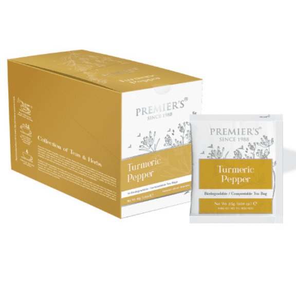 Premiers Turmeric Pepper Herbal Tea, Biodegradable/Compostable Pyramid Tea Bags, 16 Count, 1.41 oz