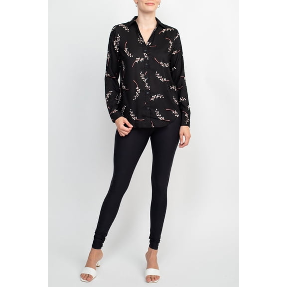Premise Collar Neck Button Detail Long Sleeve Printed Crepe Top-BLACK WHITE / XS