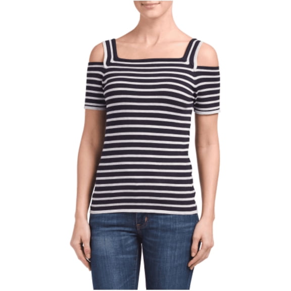Premise Studio Short Sleeve Square Neck Open Shoulder Knit Pullover, Light Grey and Navy Striped, Size X-Large