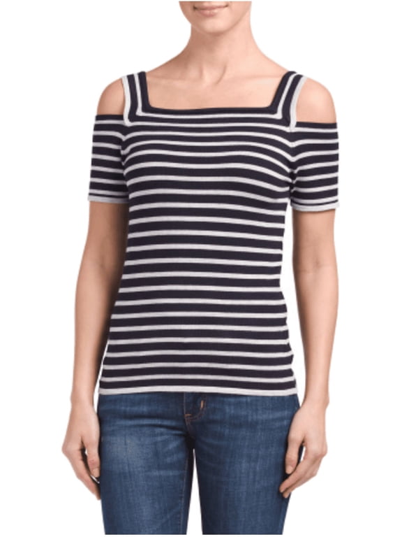 Studio Short Sleeve Square Neck Open Shoulder Knit Pullover, White and Navy Striped, Size Medium