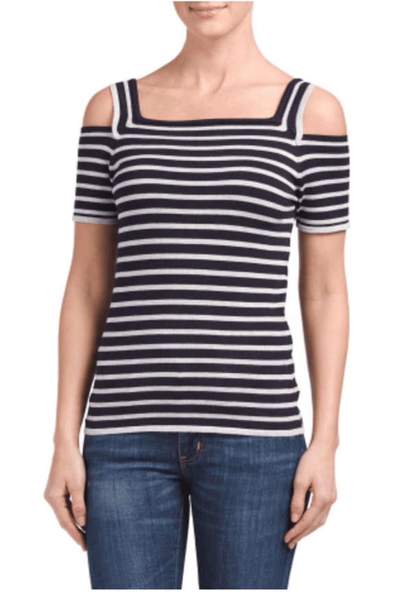 Studio Short Sleeve Square Neck Open Shoulder Knit Pullover, White and Navy Striped, Size Medium