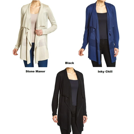 Premise Women's Long Sleeve Open Front Drape Knit Cardigan w/ Pointelle Details
