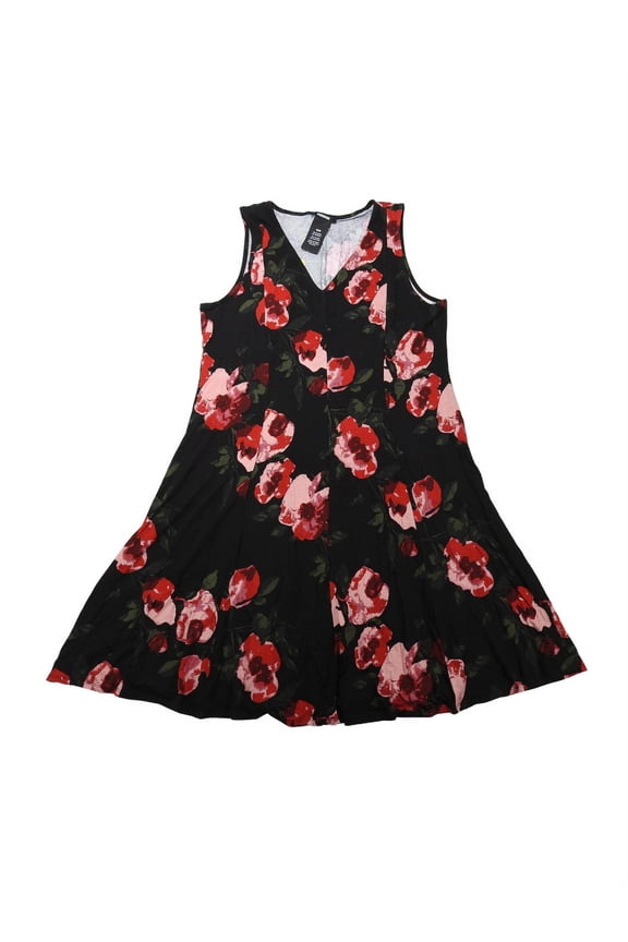 Womens Size Medium Sleeveless V-Neck Soft Rayon Stretch Mid-Thigh Dress, Black Floral