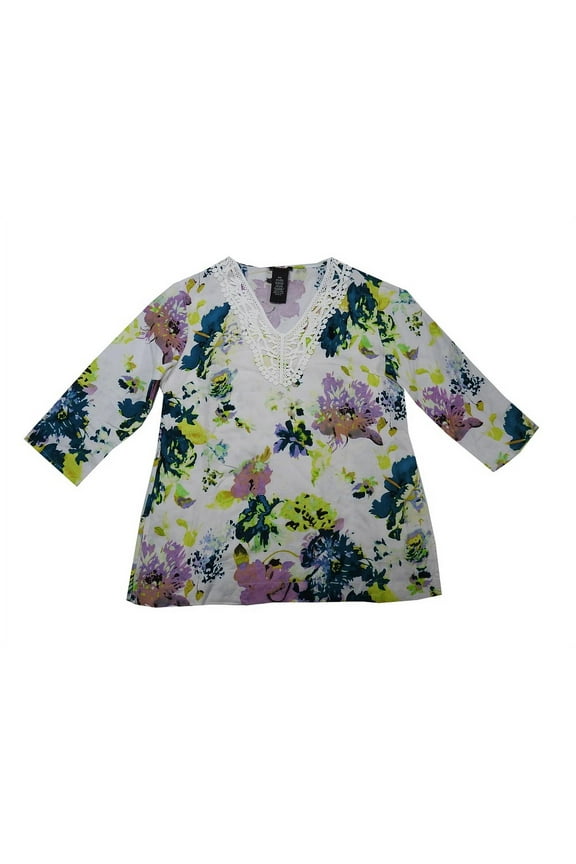 Womens Size Small 3/4 Sleeve Crochet Neckline Linen Blouse w/Side Slits, Belize City Floral