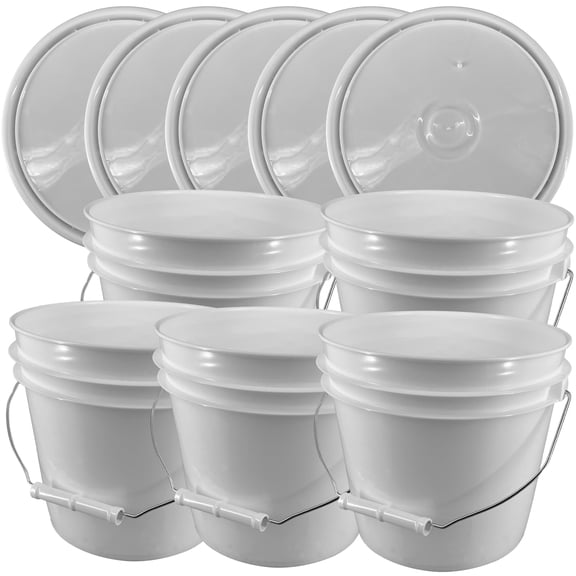Premium 1 Gallon White Bucket by Illing Packaging, HDPE Plastic Pail with Lids, 5 Pack, Safe BPA Free, All Purpose Storage, Metal Handle