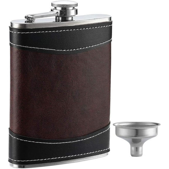 Premium 1 Pack 8 Oz Hip Flask for Liquor Soft Touch Leather Wrap with Funnel,18/8 Stainless Steel Highest Food Grade Leak Proof Classic Flask