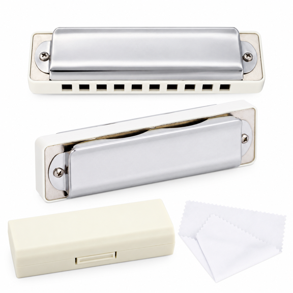 Premium 10-Hole 20-Tone Diatonic Blues Harmonica in the Key of Bb, Crafted with Phosphor Bronze Reeds, Includes Storage Case and Cleaning Cloth, White, 3.9 inches / 10 cm Length