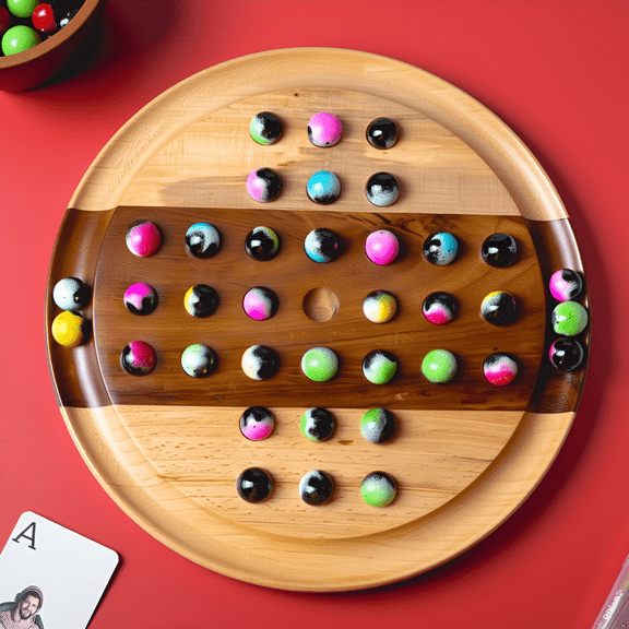 Vriksha Kraft Premium 10-Inch Wooden Solitaire Board  36 Colorful Marbles on Mixed Wood  Strategy Game for Adults & Family  Classic Solo Board Game