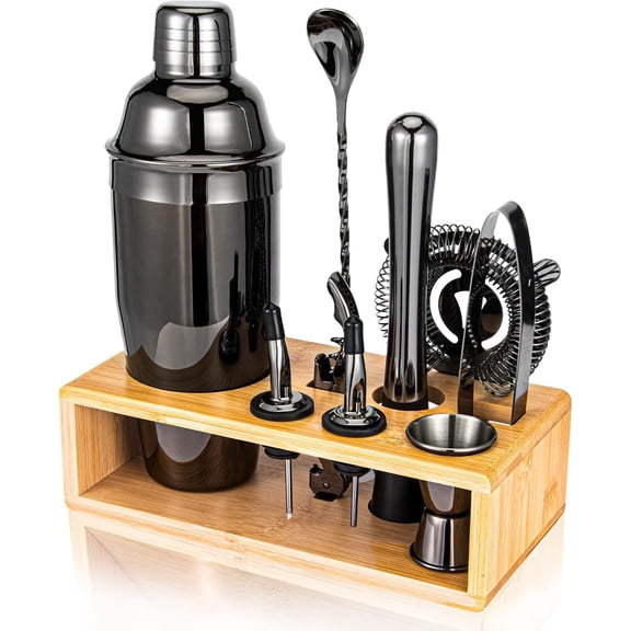 Premium 10-Piece Stainless Steel Cocktail Shaker Set with Bamboo Stand, Bar Tools Kit for Home Bartending