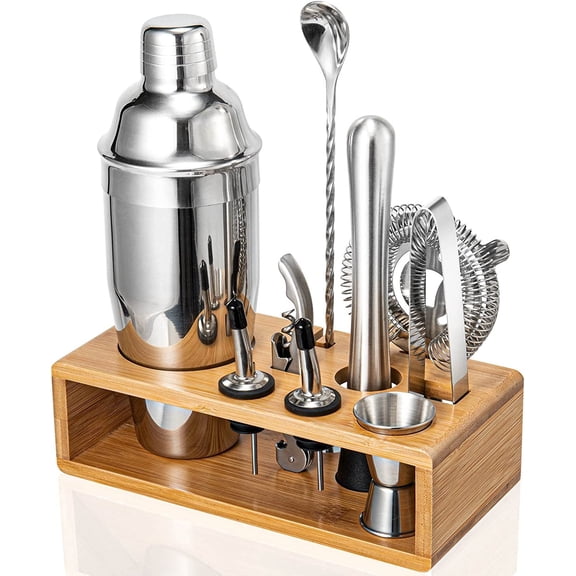 Premium 10-Piece Stainless Steel Cocktail Shaker Set with Bamboo Stand, Bar Tools Kit for Home Bartending