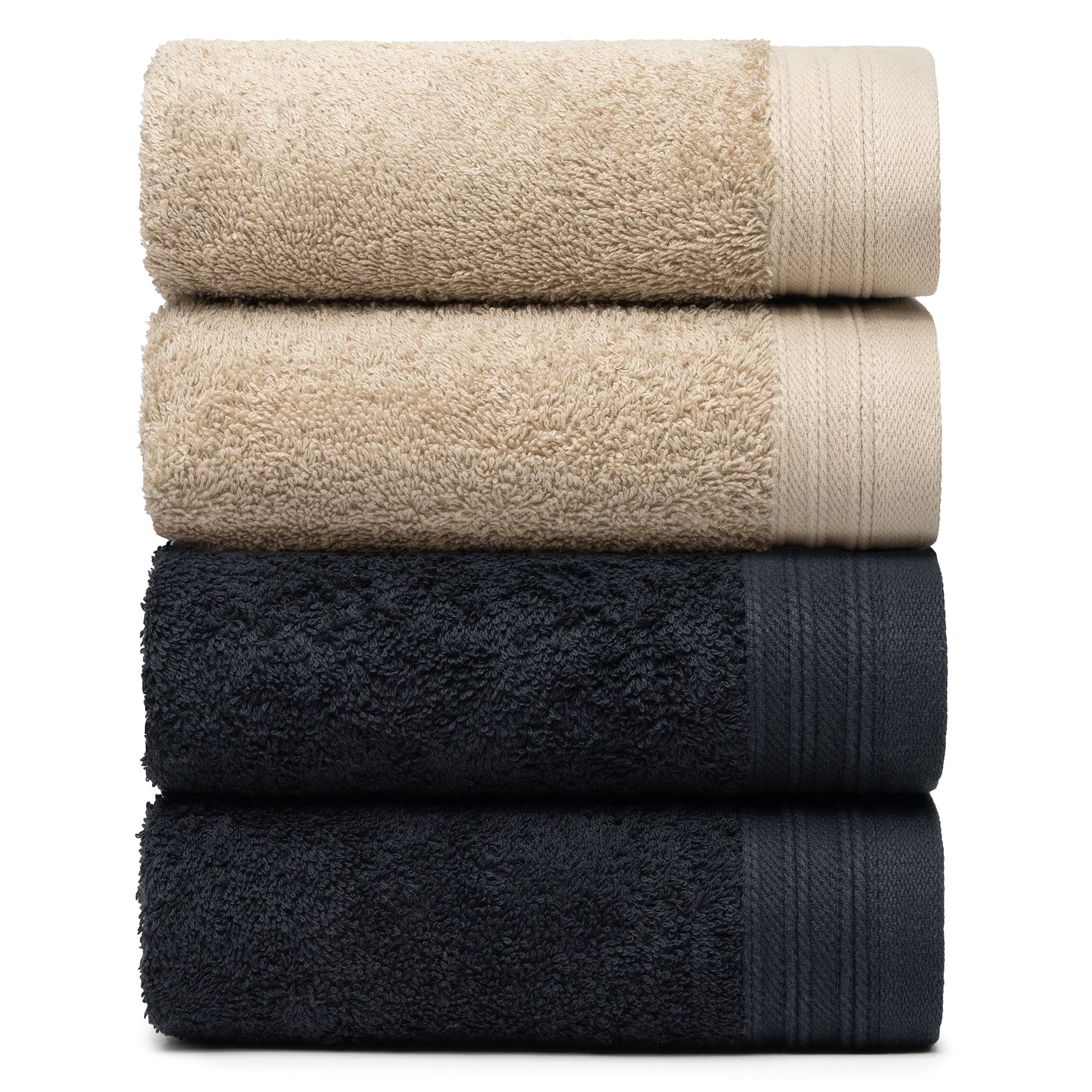 Premium 100% Cotton Towel Set of 4 Hand Towels 18" x 30" | 4 Ultra Soft and Highly Absorbent Hand Towels for Bathroom, Gym, Hotel, Spa, Machine Washable | Color: Black & Sand